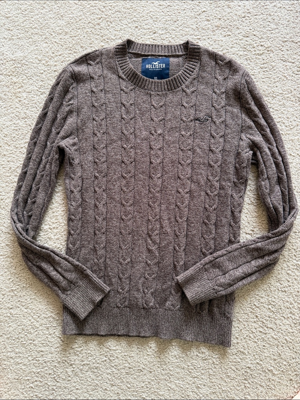 Hollister Cable Knit Crewneck Sweater - Taupe Brown Xanax